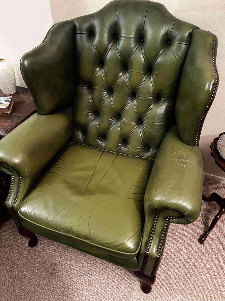 Vintage Groene Leren Chesterfield Fauteuil, Ophalen, Gebruikt, Leer, 75 tot 100 cm