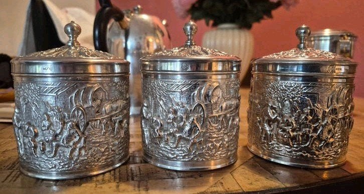 3 antieke verzilverde theepotten met deksel, Ophalen of Verzenden, Zilver