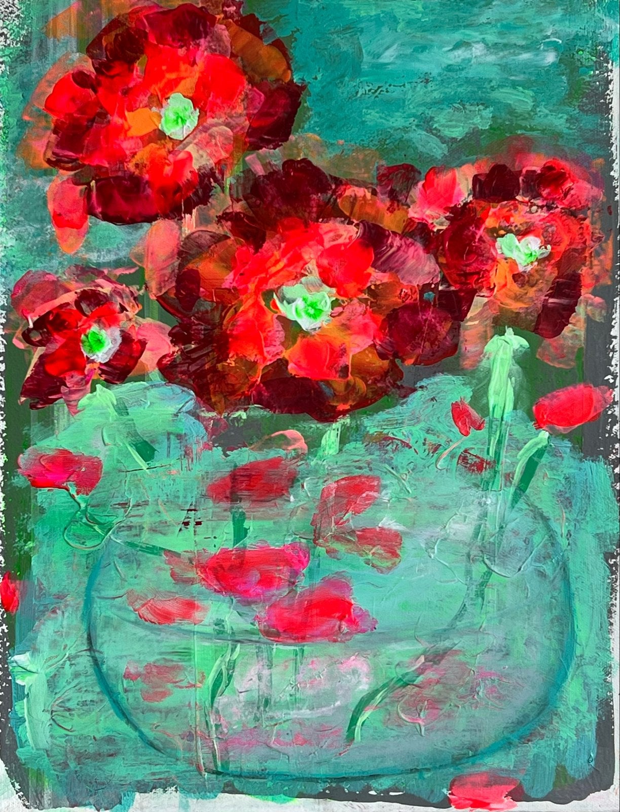 Levendig abstract bloemenschilderij op canvas (30x40 cm), Ophalen