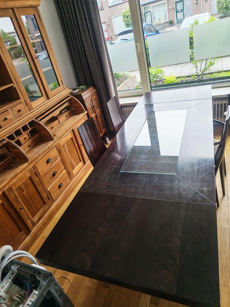 Uitschuifbare eettafel met stoelen (160-260 cm), Huis en Inrichting, Tafels | Eettafels, Ophalen, Gebruikt, Glas, 200 cm of meer