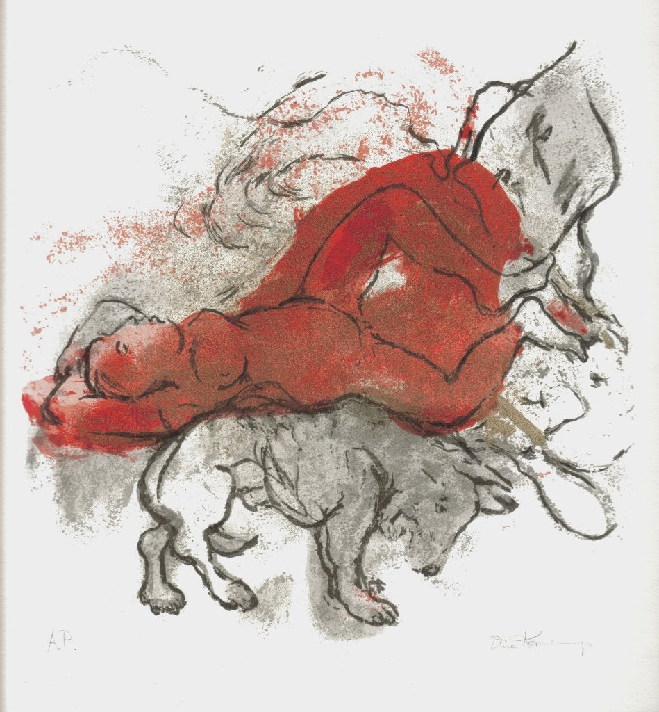 Elice Kernkamp litho en zeefdruk "Liggend Naakt met Hond", Origineel, Ophalen, Dieren en Natuur, Lithografie