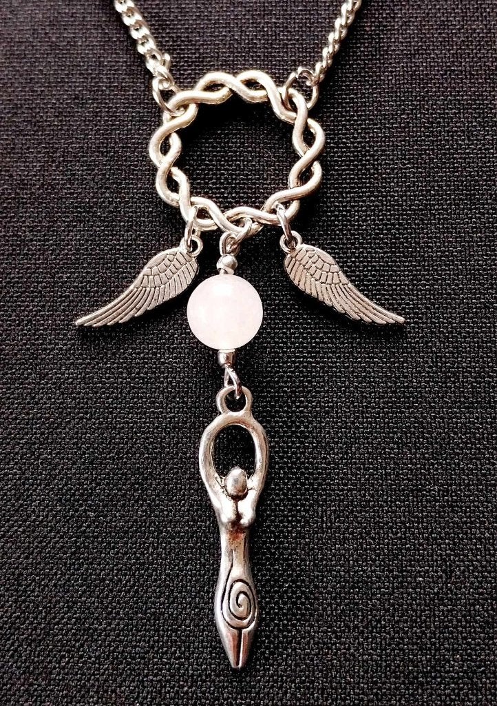 hanger maangodin angel wings rozenkwarts, Verzenden, Nieuw, Steen of Mineraal, Met edelsteen