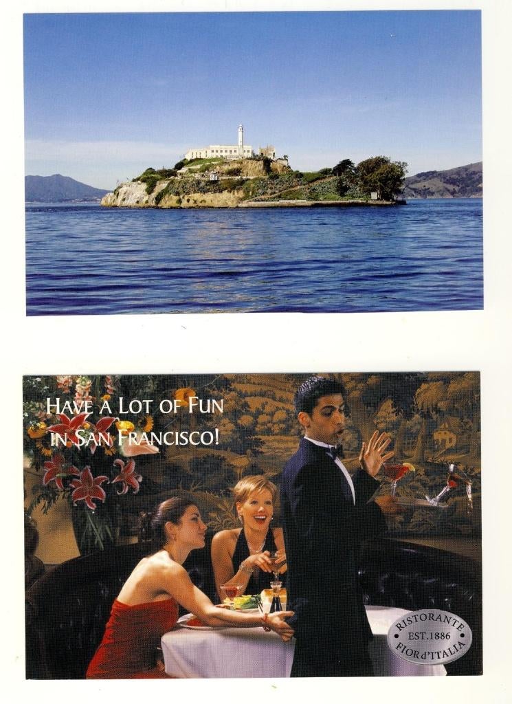 Twee kaarten San Francisco (o.a. Alcatraz) - USA, Verzamelen, Ophalen, 1980 tot heden, Buiten Europa