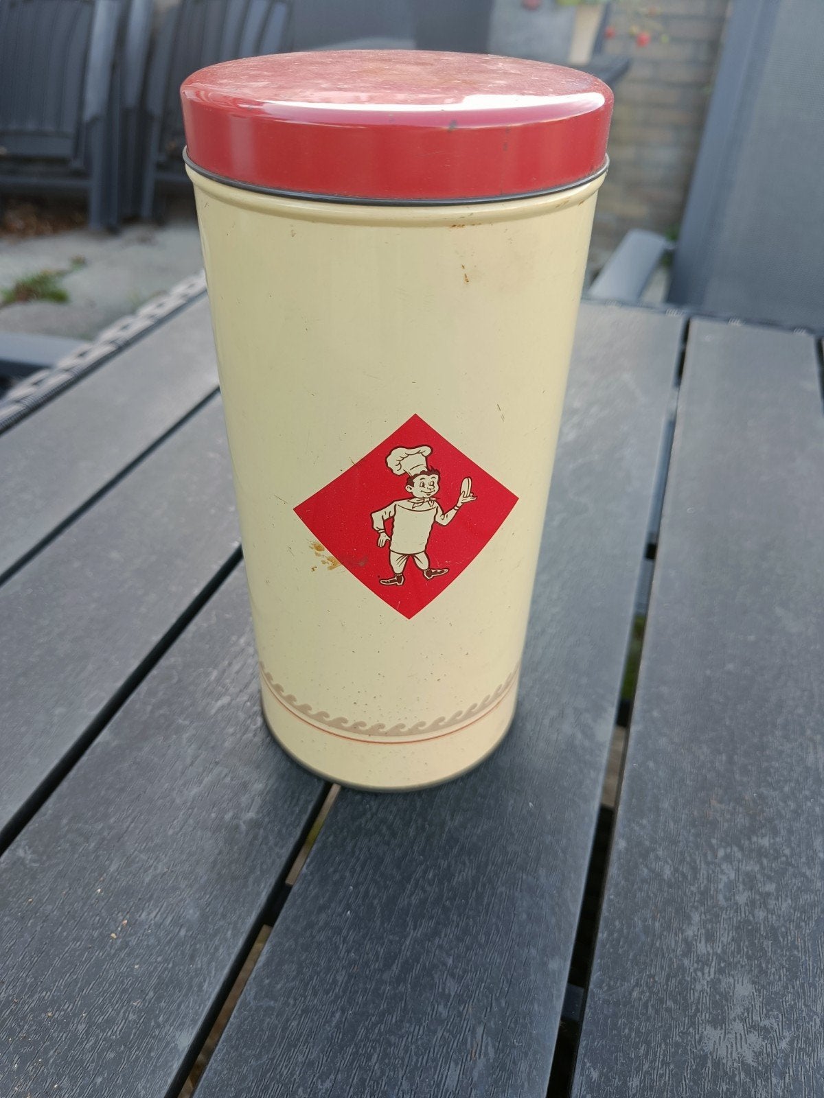 Vintage voorraadbus met kok-afbeelding, Ophalen of Verzenden