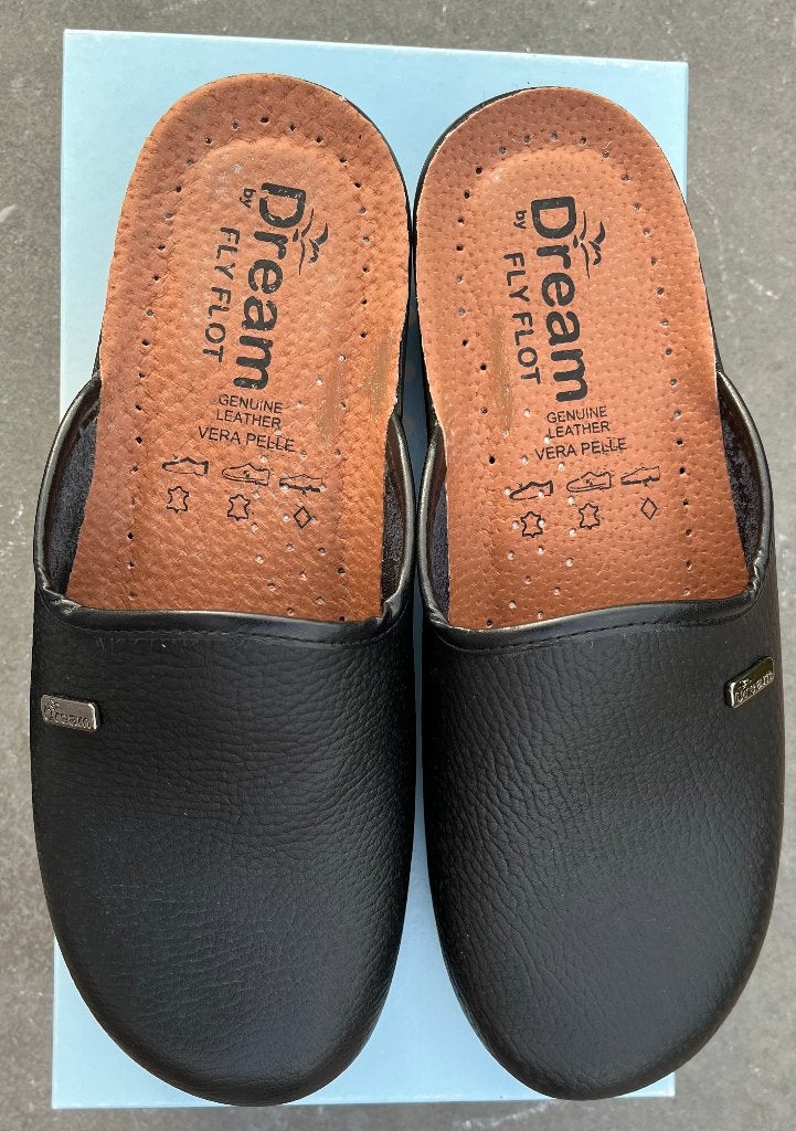Pantoffels / sloefen, Dream by FLY FLOT, zwart leder, 42, Zwart, Nieuw, Pantoffels of Sloffen, Ophalen