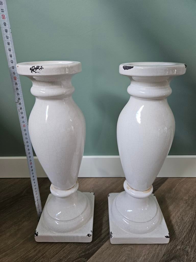 Set van 2 witte kandelaars - Brocante stijl, Ophalen, Zo goed als nieuw, Kandelaar
