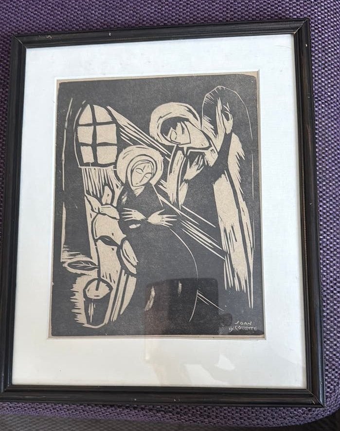 Joan Collette houtsnede "De boodschap vd engel" Annunciatie, Antiek en Kunst, Ophalen of Verzenden