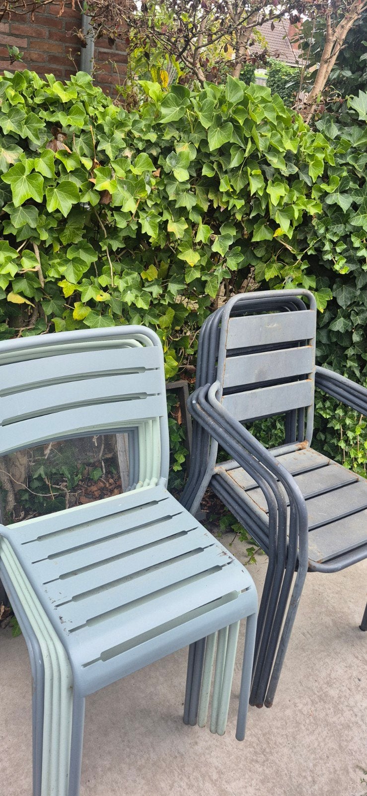 Stapelbare Tuinstoelen - Grijs/Groen Metaal, Ophalen, Gebruikt, Metaal, Stapelbaar