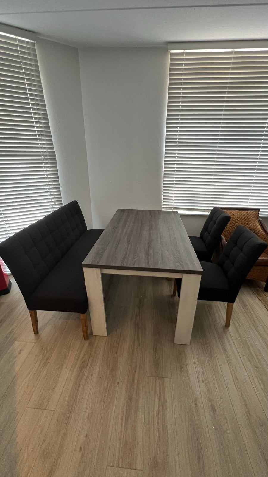 Eettafel met bank en twee stoelen - 90x160 cm, Ophalen, Gebruikt, 50 tot 100 cm, 150 tot 200 cm
