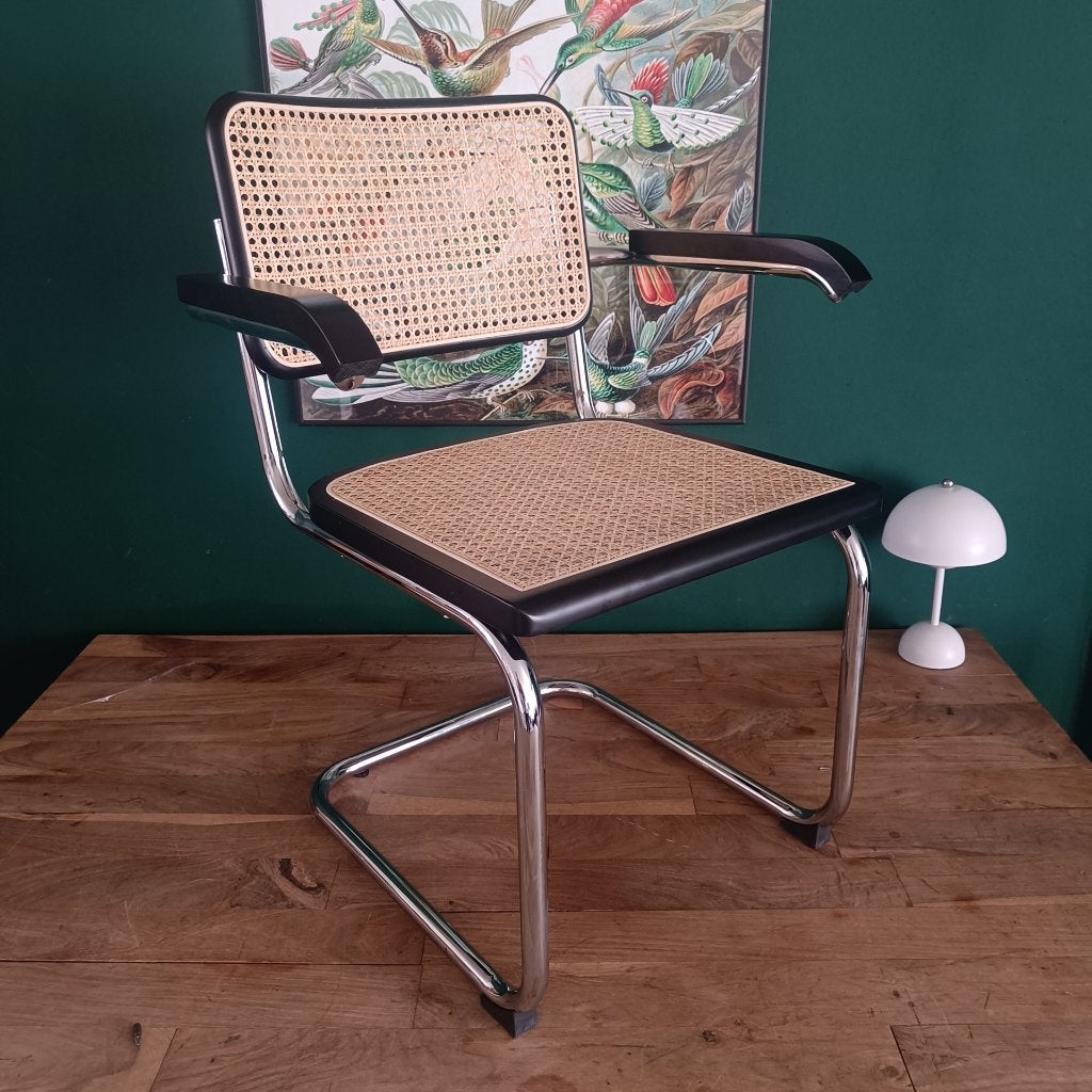 3x Cesca Breuer buisframe stoel zwart rotan webbing leuning, Ophalen of Verzenden, Zo goed als nieuw, Zwart, Bureaustoel