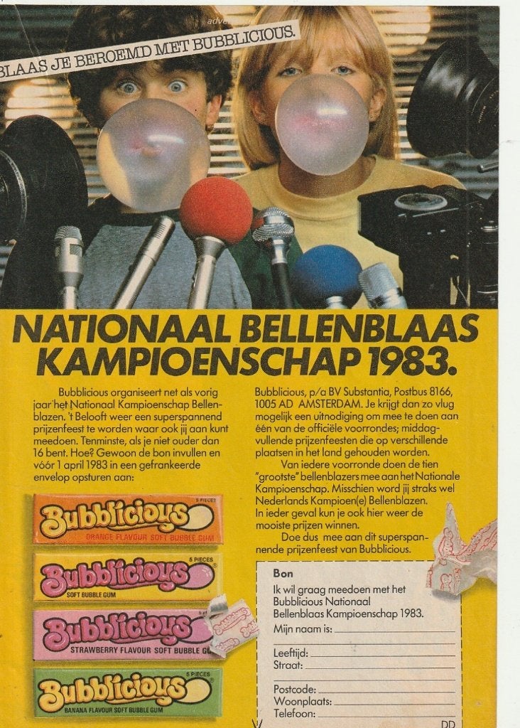Retro reclame 1983 Bubblicious kauwgum blaas je beroemd, Verzenden, Overige typen