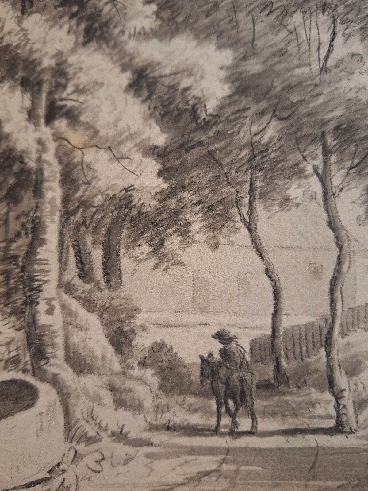 Antieke sepia tekening, gesigneerd, landschap, Antiek en Kunst, Ophalen of Verzenden, Tekening, Overige technieken, Gesigneerd