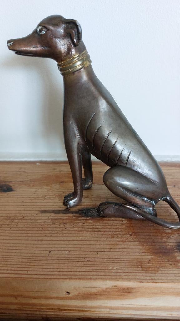 Art Deco Greyhound Whippet Hond Brons met Gouden Halsband, Ophalen of Verzenden