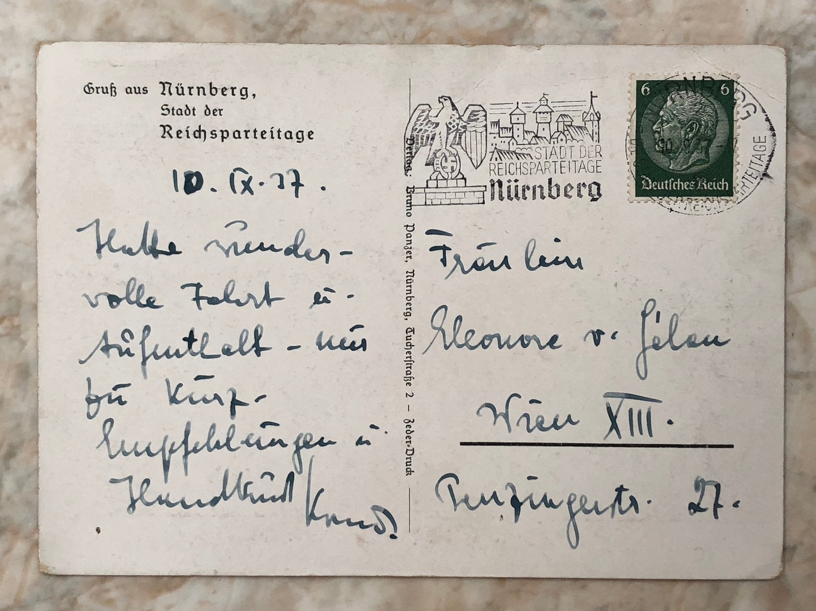 Postkaart, gestempeld Nürnberg 10.9.37., Ophalen of Verzenden, Briefkaart