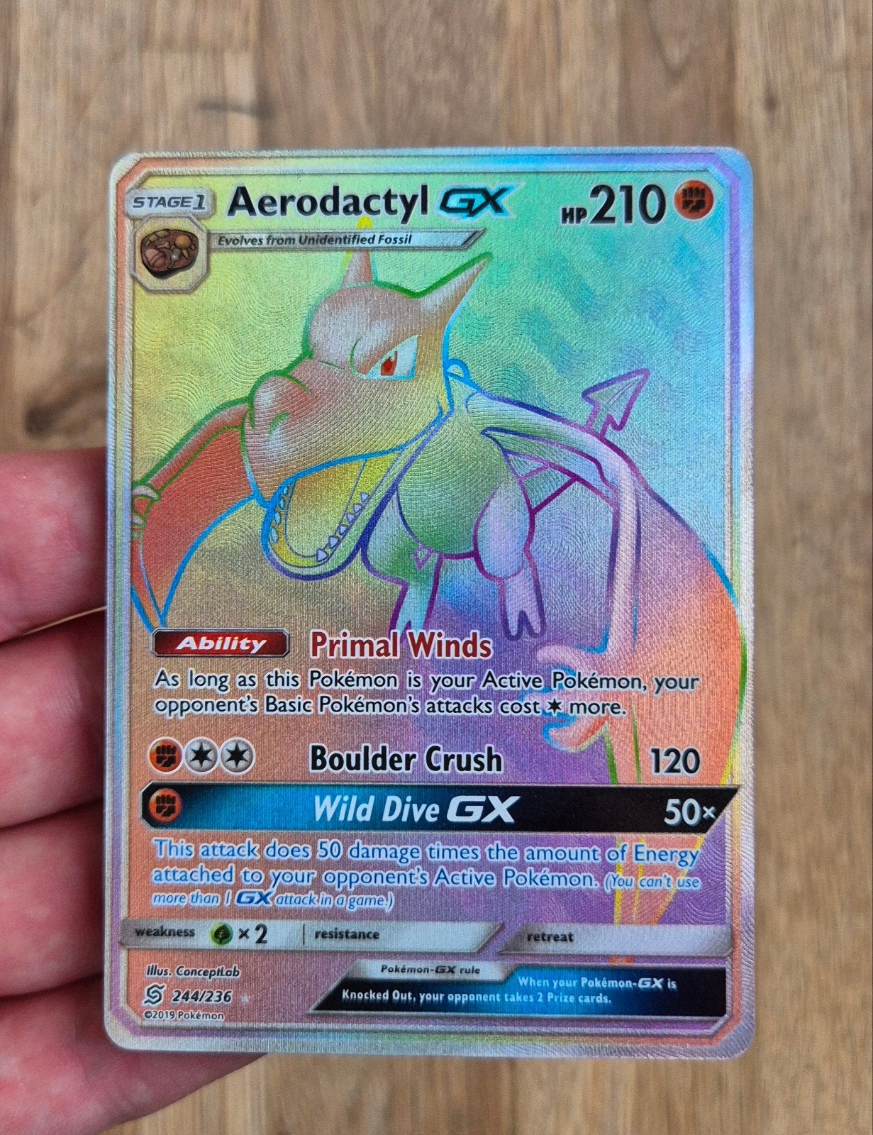 Aerodactyl GX 244/236 - Unified Minds Pokémon Kaart, Ophalen of Verzenden, Zo goed als nieuw, Losse kaart, Foil