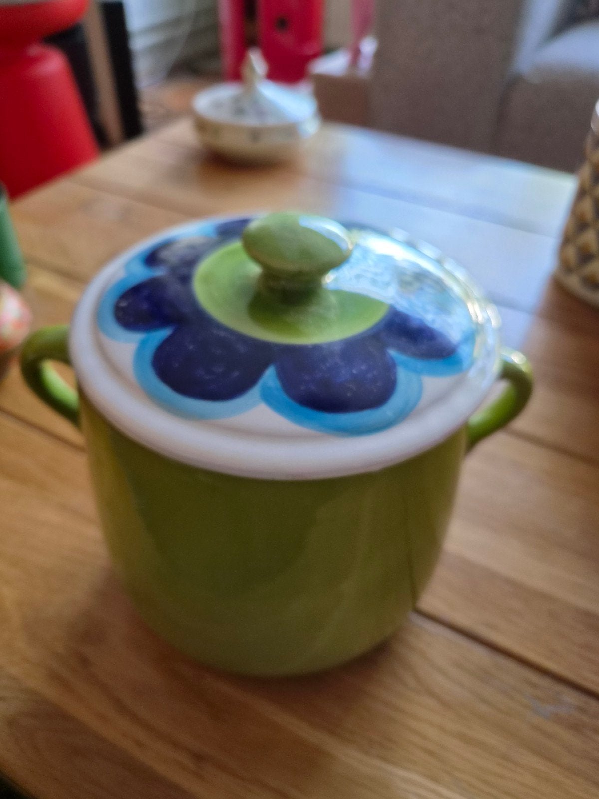 Groene Voorraadpot met Bloemenpatroon Deksel, Ophalen of Verzenden, Voorraadpot, Steen/keramiek, Groen