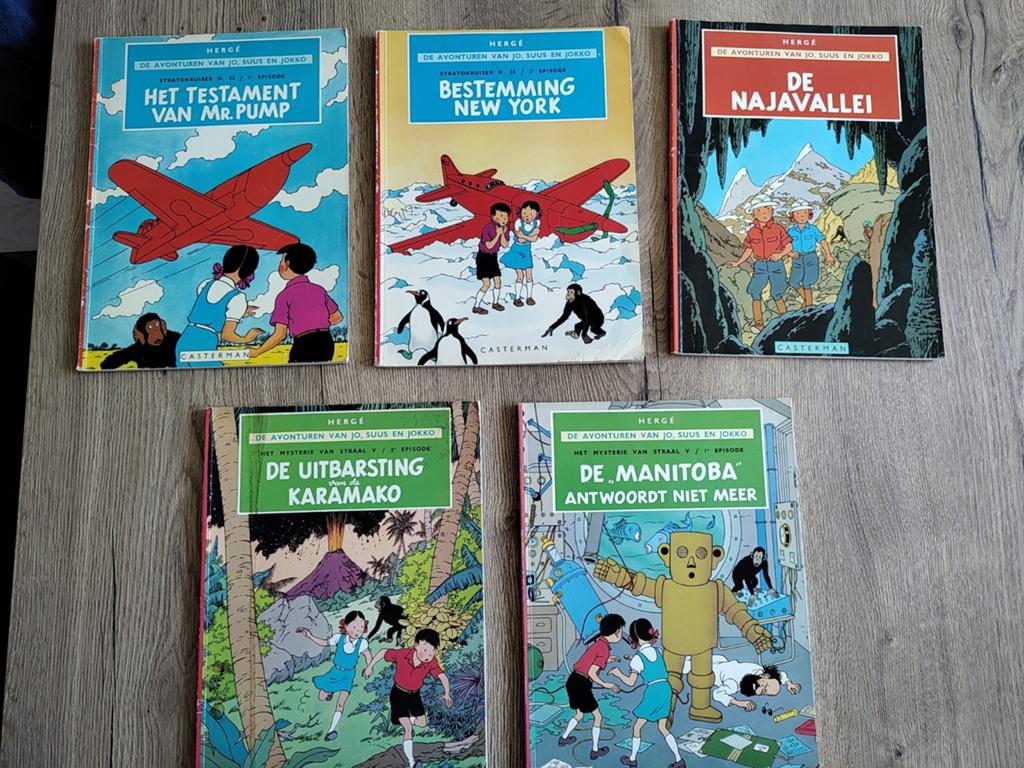 Jo, Suus en Jokko - 5 stripboeken van Hergé, Boeken, Meerdere stripboeken, Ophalen of Verzenden, Gelezen, Hergé