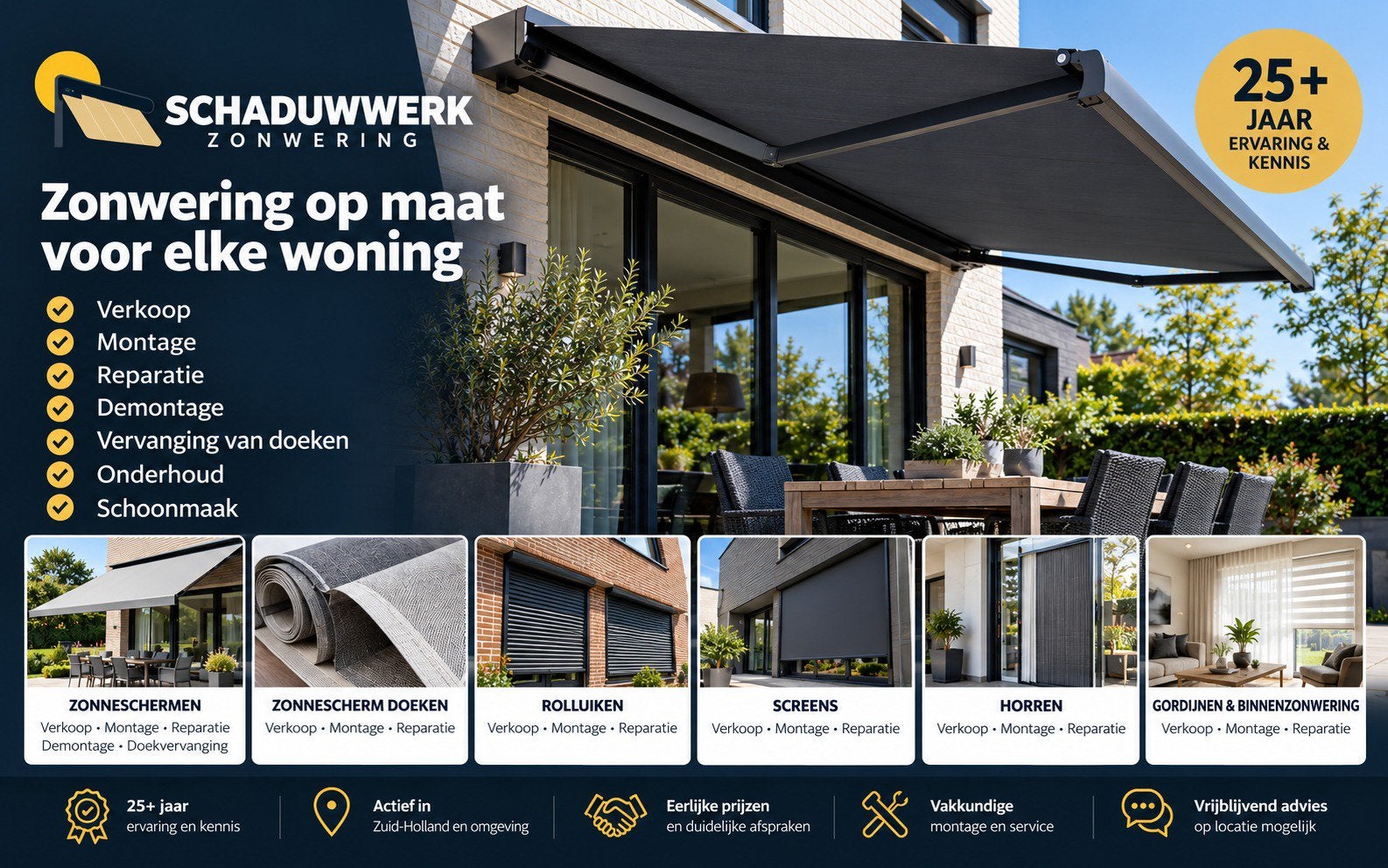 Zonwering | Verkoop Montage Reparatie | Schaduwwerk, Garantie, Gordijnen of Lamellen