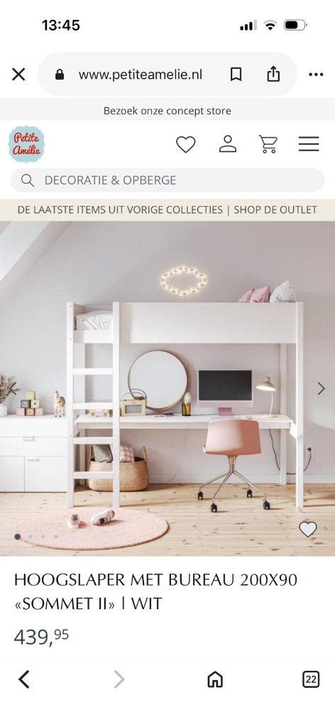 Petit Amelie hoogslaper met bureau 200x90 (sommet II, wit), Ophalen, 90 cm, Eenpersoons, Stoer en strak disign