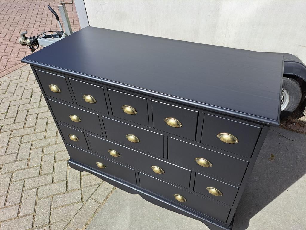 Matzwarte ladekast  commode   refurbished 13 lades, Ophalen, RoDeKo Volendam, R.kooij65@gmail.com, Gebruikt