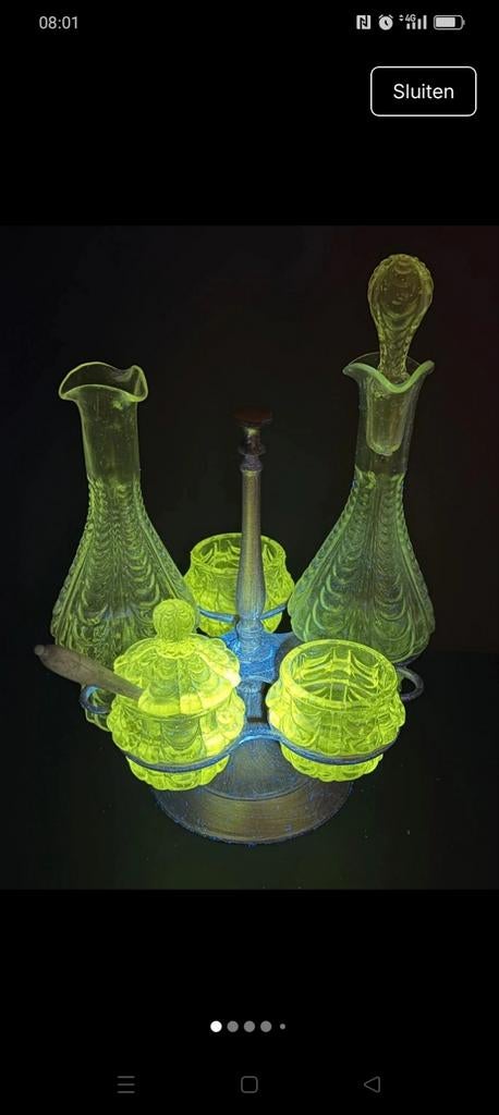 Antieke mangaan Glas Olie & Azijn Set met Kruidenrek, Ophalen