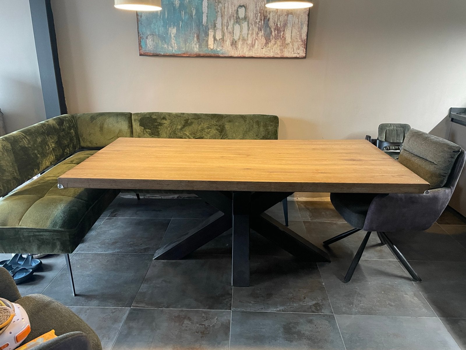 Eikenhouten eettafel met metalen onderstel, Ophalen, Gebruikt, 100 tot 150 cm, Eikenhout