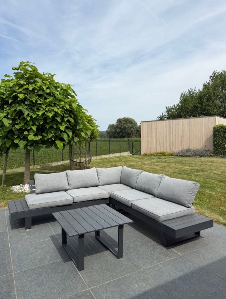 Loungeset met tafel en kussens, Tuin en Terras, Ophalen, Aluminium, Zo goed als nieuw, Loungeset