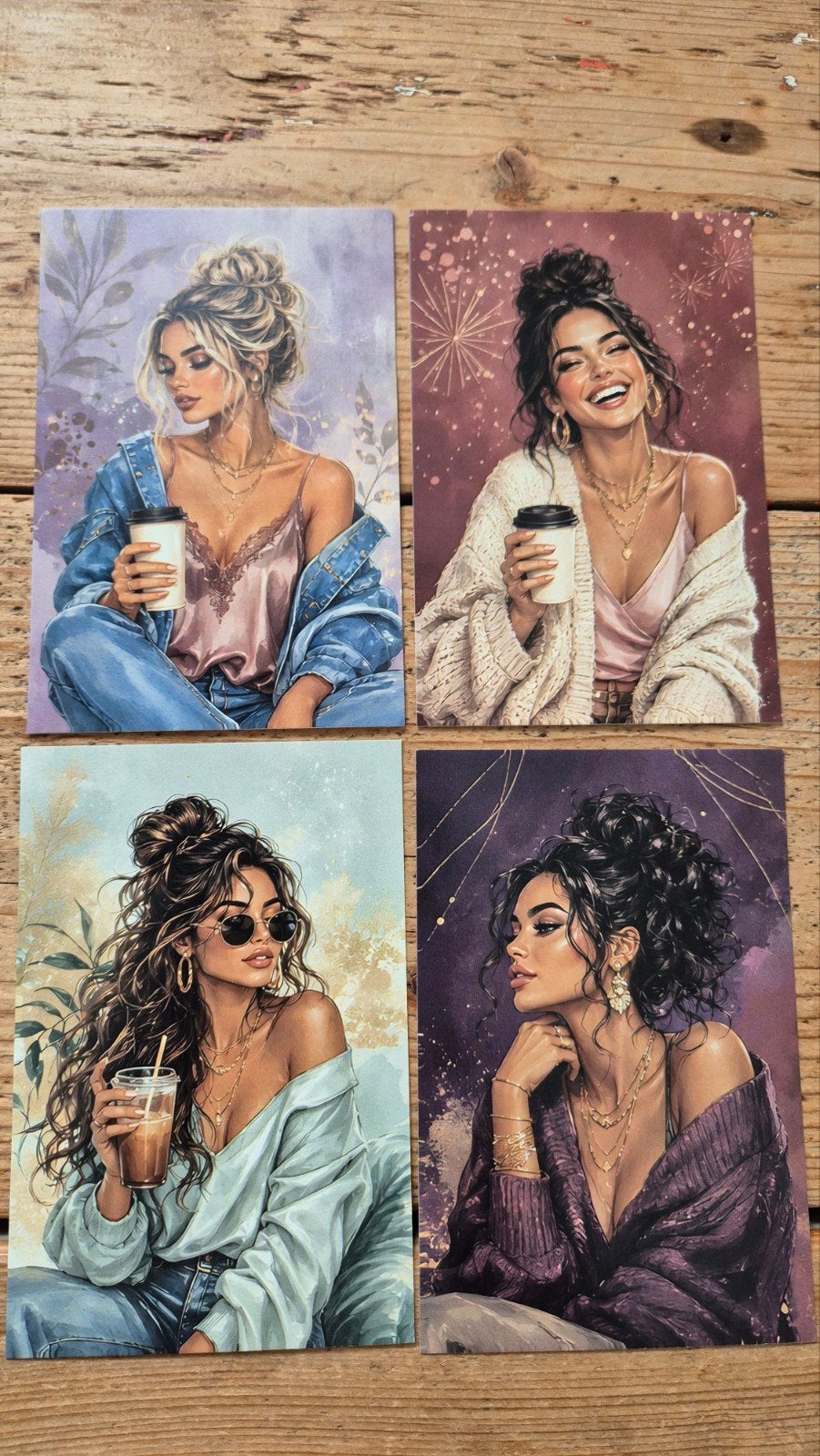🩵Set van 4 kaarten Pin-up Coffee Girls Prints A6, Ophalen of Verzenden, 1980 tot heden, Ongelopen, Overige thema's