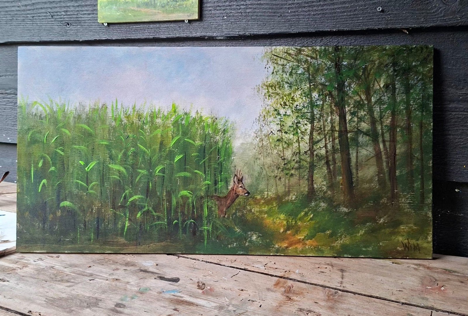 Schilderij: Reekalf in het bos, Antiek en Kunst, Ophalen of Verzenden