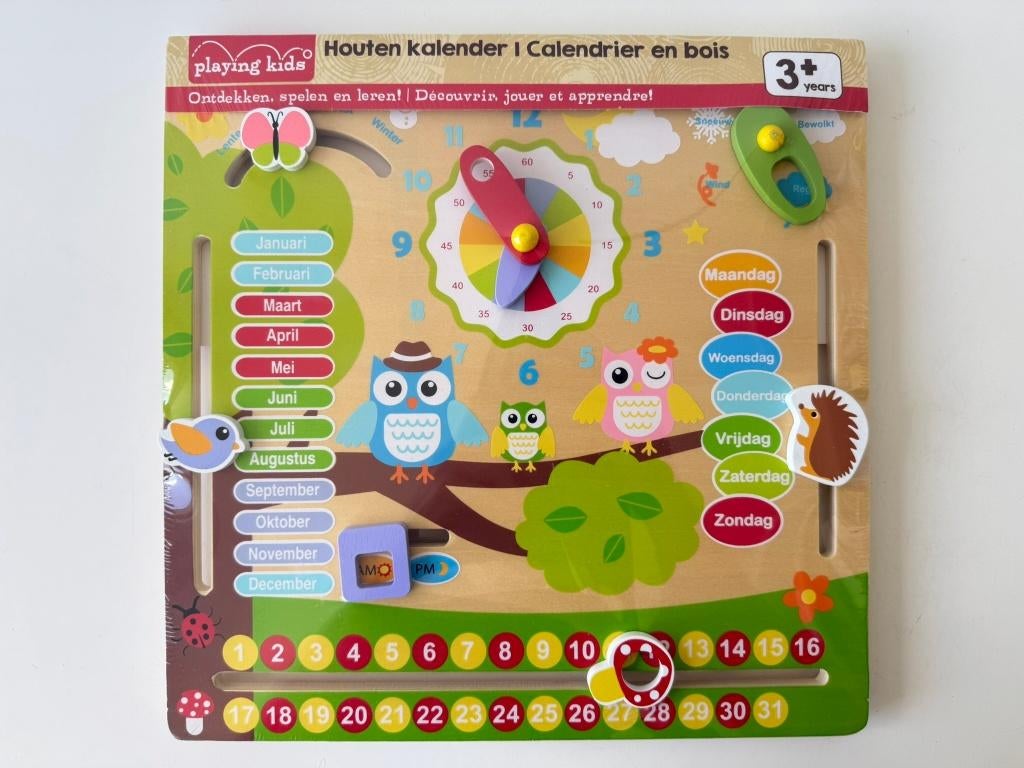 Kalender, klok, leerbord hout uilen / Playing Kids / nieuw, Ophalen of Verzenden, Nieuw, Ontdekken