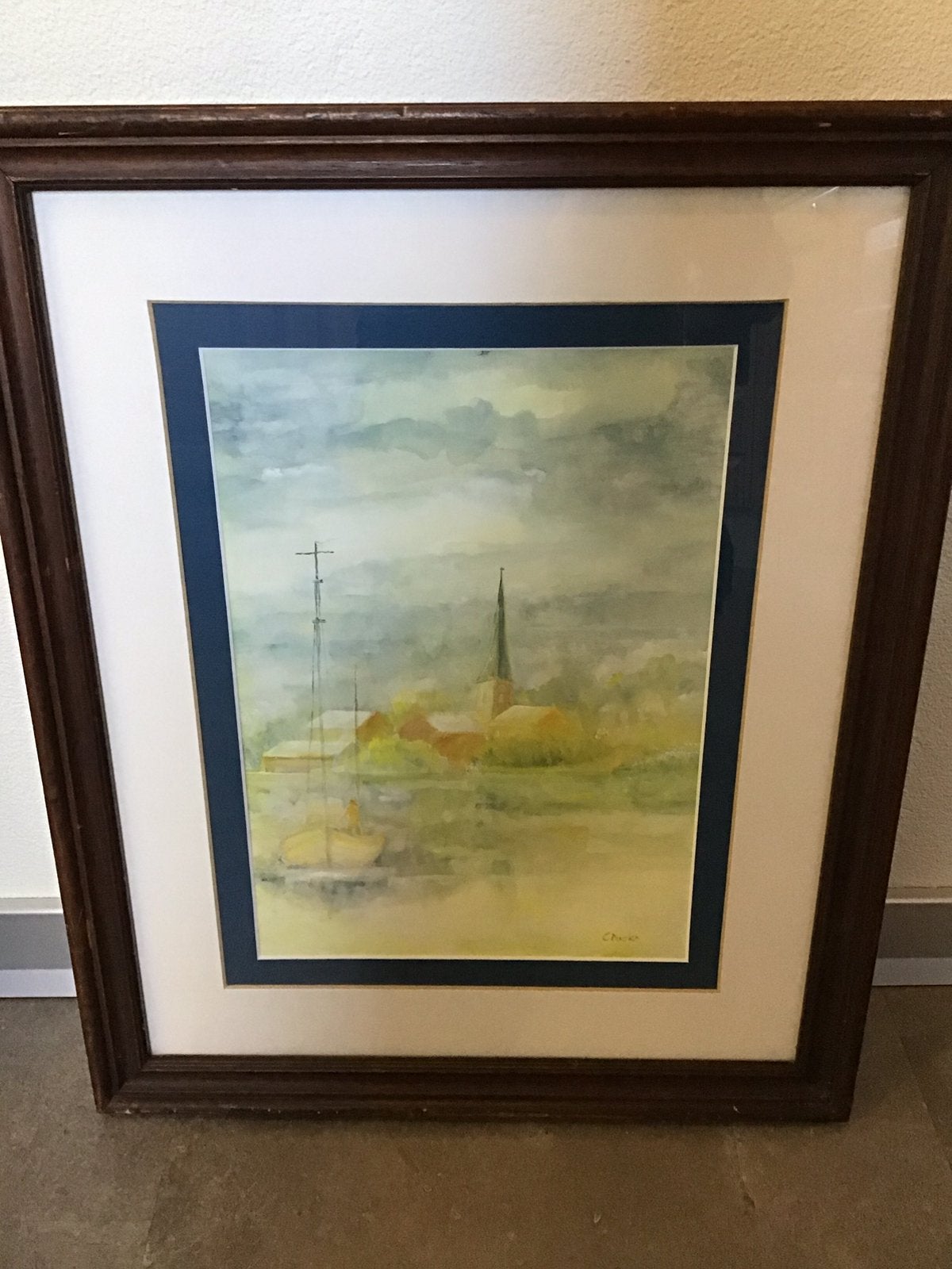 Schilderij - kerk met boot - gesigneerd C. Backx, Ophalen of Verzenden