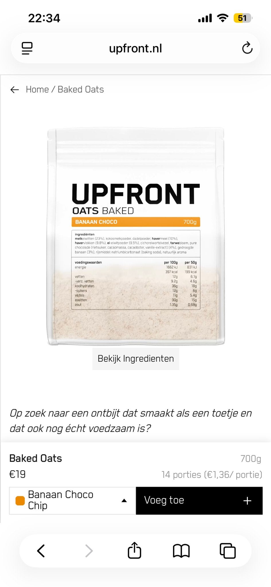 Upfront baked oats banaan choco, Diversen, Levensmiddelen, Ophalen of Verzenden