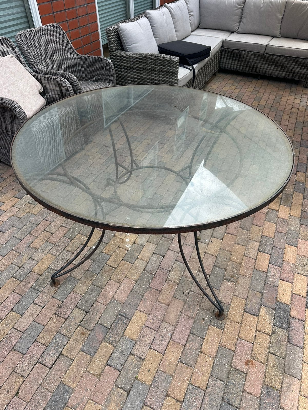Tuintafel met glazen plaat, met zwaar smeetijzer, Verzenden, Zo goed als nieuw, Rechthoekig, Aluminium