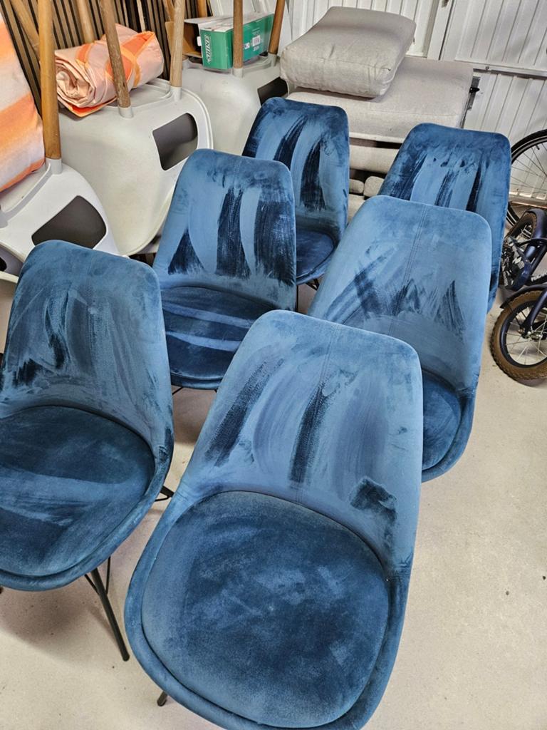 6 eetkamer stoelen blauw velours, Ophalen, Overige materialen, Gebruikt, Blauw