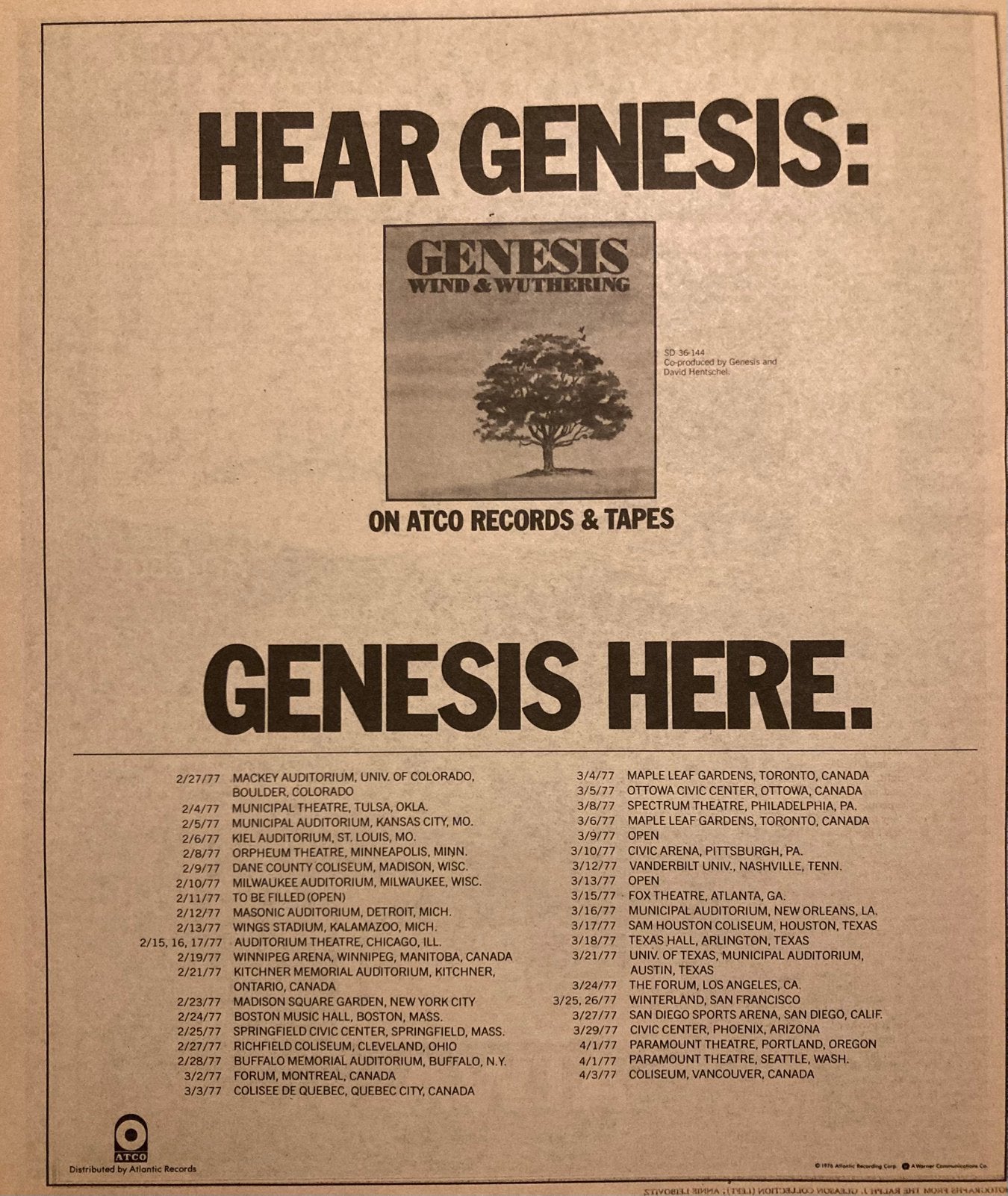 Paginagrote advertentie GENESIS Wind & Wuthering tour, Ophalen of Verzenden, Zo goed als nieuw