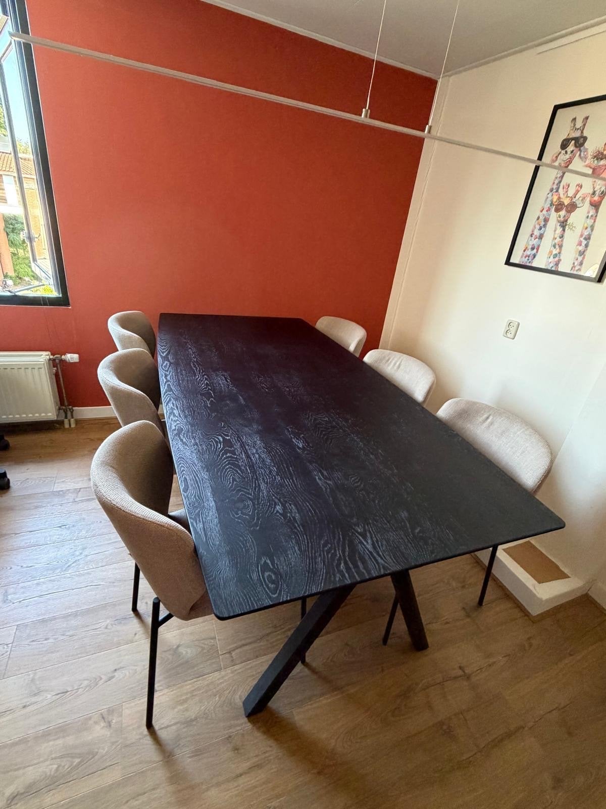 Grote zwarte eettafel met 6 stoelen, zgan, Ophalen, 100 tot 150 cm, 200 cm of meer, Zo goed als nieuw