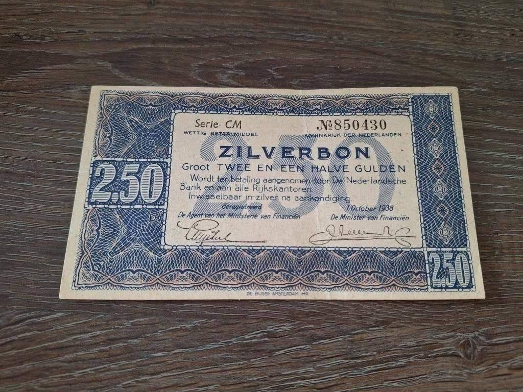 Bijna UNC biljet 2,5 gulden 1938, zilverbon, Ophalen of Verzenden, 1 gulden