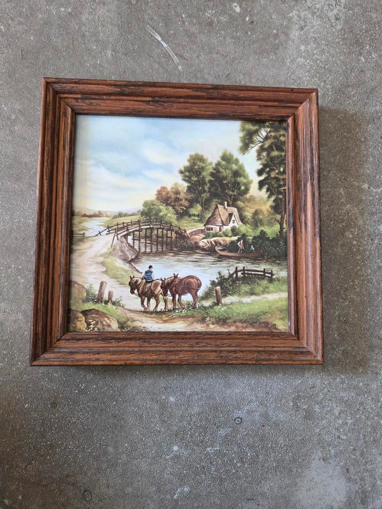 Tegel mosa Van Hunnik met landschap en paarden, Ophalen of Verzenden