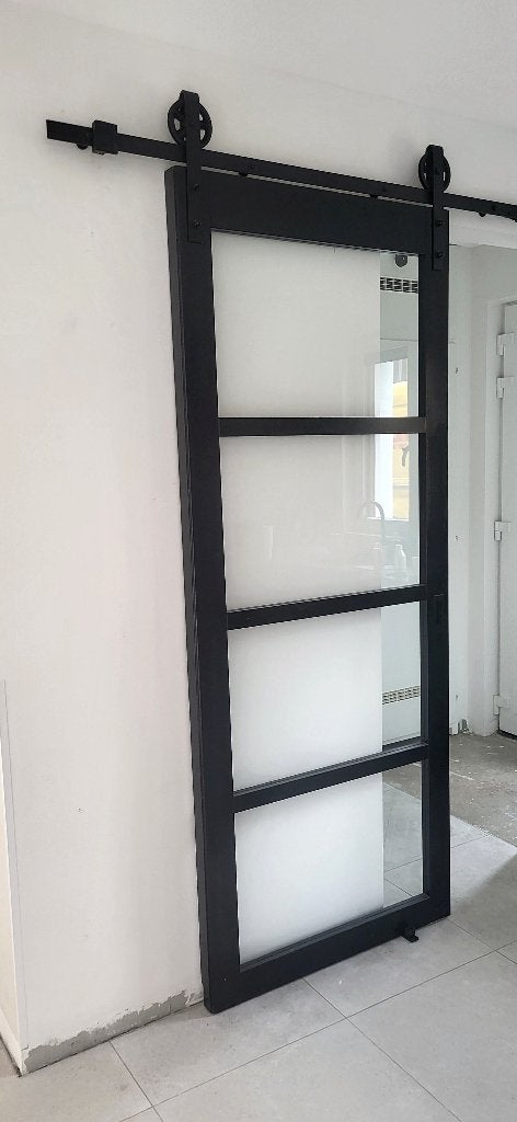 4-vaks schuifdeur, zwart hout, 231 x 93 cm incl. railsysteem, Ophalen, 80 tot 100 cm, 215 cm of meer, Binnendeur