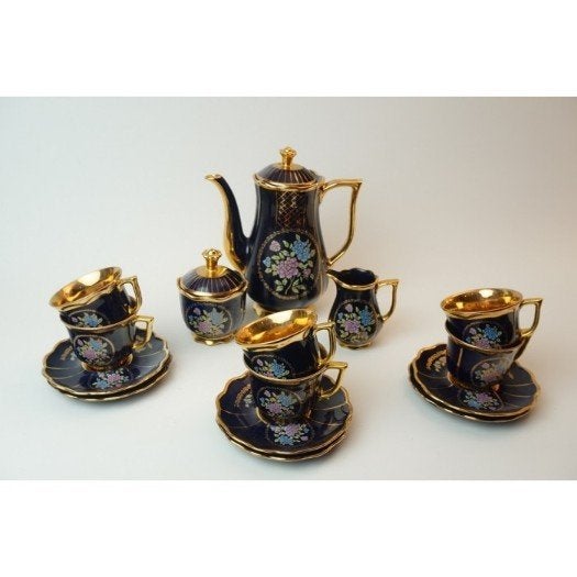 # Linoj Seckin limoges porselein kobalt mokka servies, Ophalen