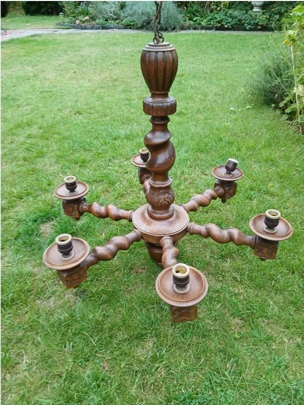 antieke houten hanglamp met 6 fittingen en kapjes, Antiek en Kunst, Ophalen