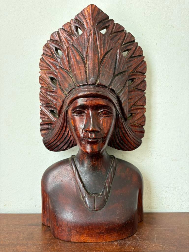 Buste beeld hout vrouw bali Filipijnen Polynesië azie?, Antiek en Kunst, Houtsnijwerk, Ophalen of Verzenden, Handgemaakt, 20 - 50 cm