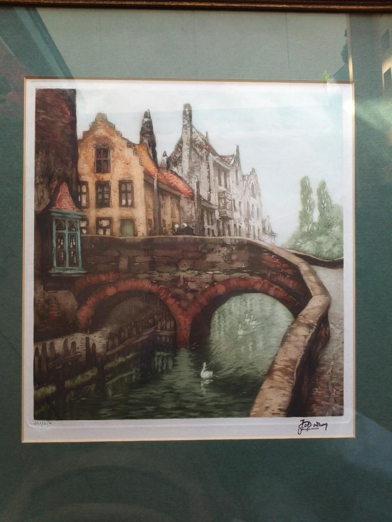 Mooie oude ingelijste litho van Brussel door Jef Codron., Ophalen of Verzenden