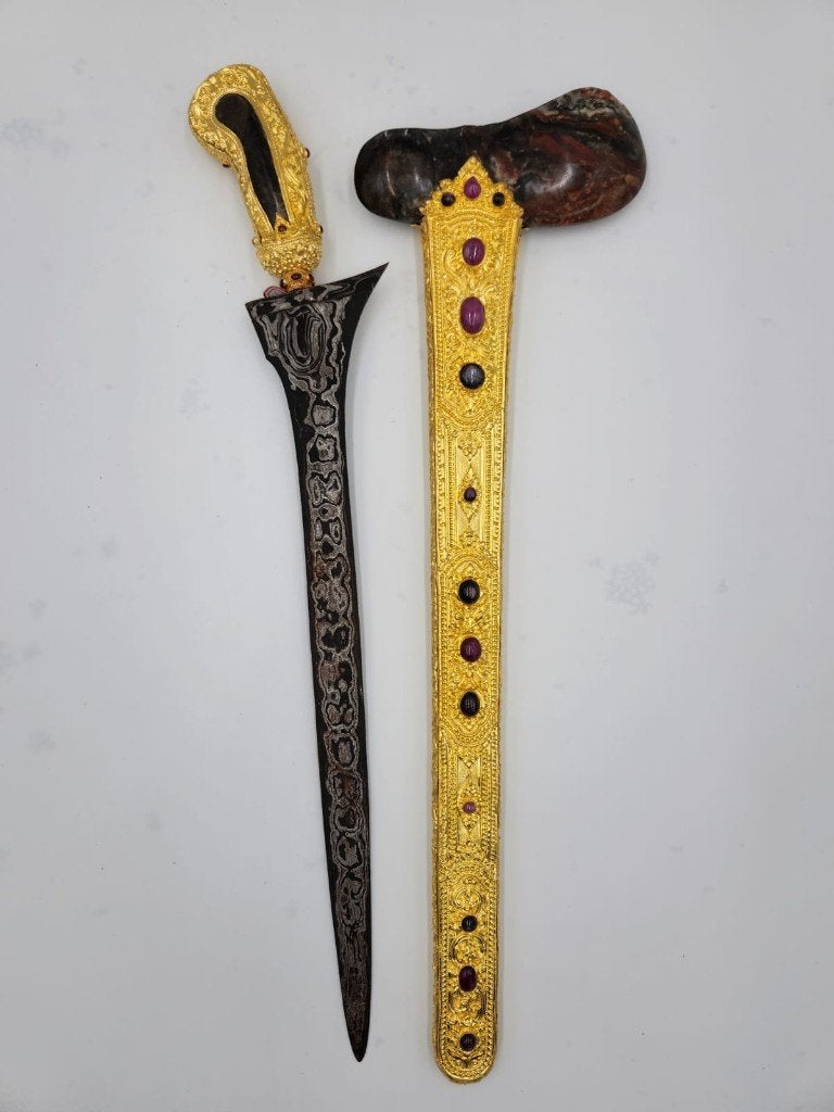 Antieke Kris Bali Sterling Zilver Goud Ngulit Semangka KTB78, Wapen, Verzenden, Overige materialen, Indonesië
