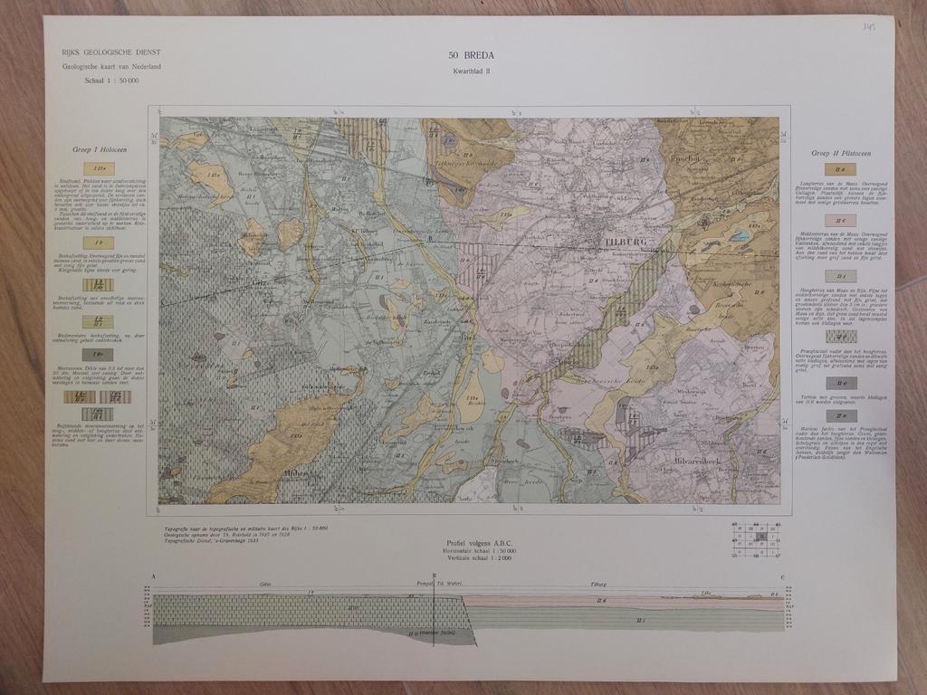 145 / Geologische kaart uit 1933 Breda kwartblad II, Boeken, Atlassen en Landkaarten, Ophalen of Verzenden, 1800 tot 2000, Landkaart