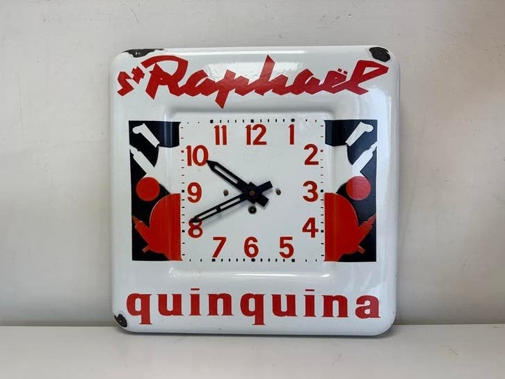 Vintage St Rapha?l Quinquina Emaille Emaille Klok, Reclamebord, Gebruikt, ., Ophalen of Verzenden