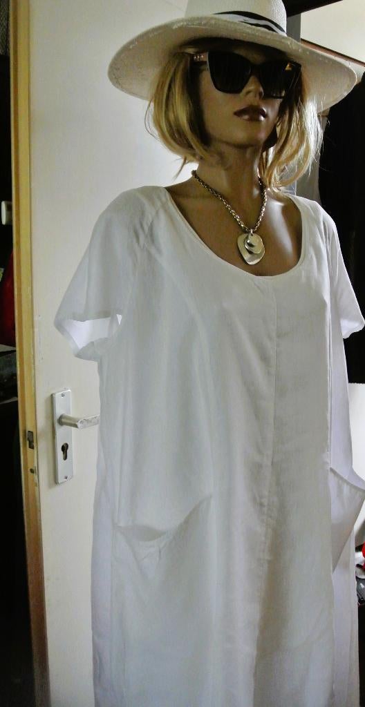 Linnen tuniekjurk wit lino XL A-lijn wijd model laagjesmode, Wit, Maat 46/48 (XL) of groter, Ophalen of Verzenden, Zo goed als nieuw