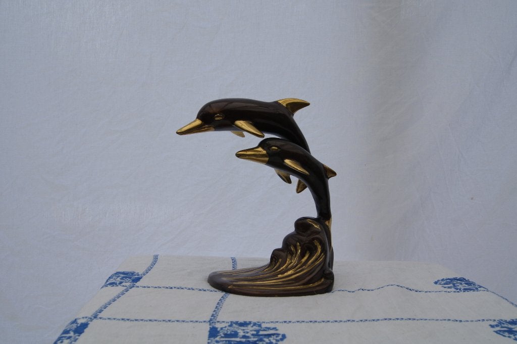 Bronzen beeld van twee dolfijnen op een golf, Ophalen of Verzenden, 20 - 50 cm, Zeeleven, Beeld