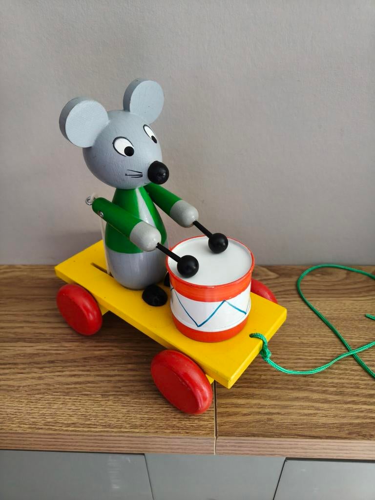Vintage Miva Praha Houten Muis met Trommel – Pull-along, Kinderen en Baby's, Speelgoed | Houten speelgoed, Ophalen of Verzenden