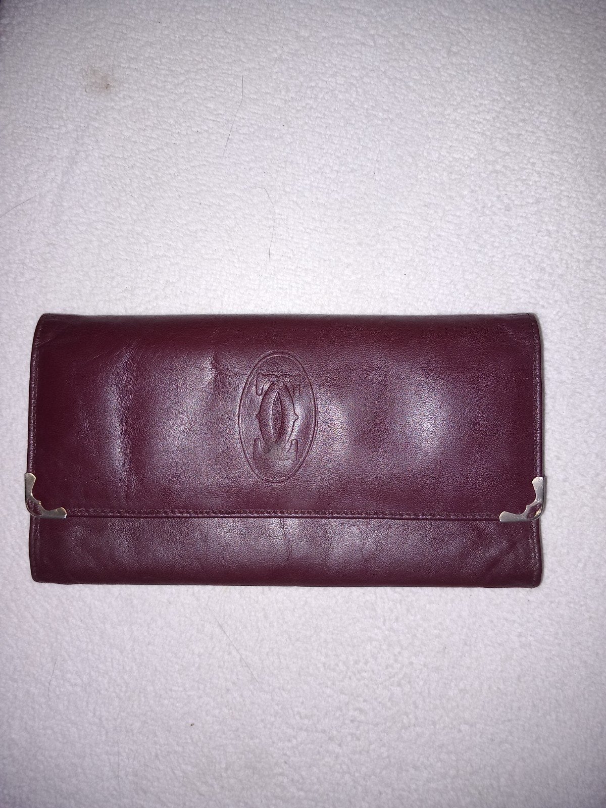 Vintage Must de Cartier Clutch-Portemonnee Bordeaux Leer, Gebruikt, Leer, Rood, Ophalen